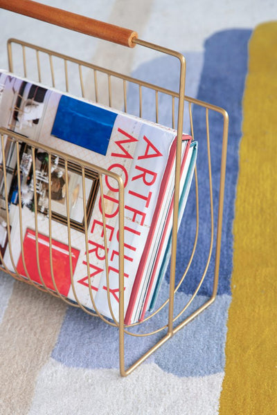 Gold Metal Wire Magazine Rack with Wood Handle