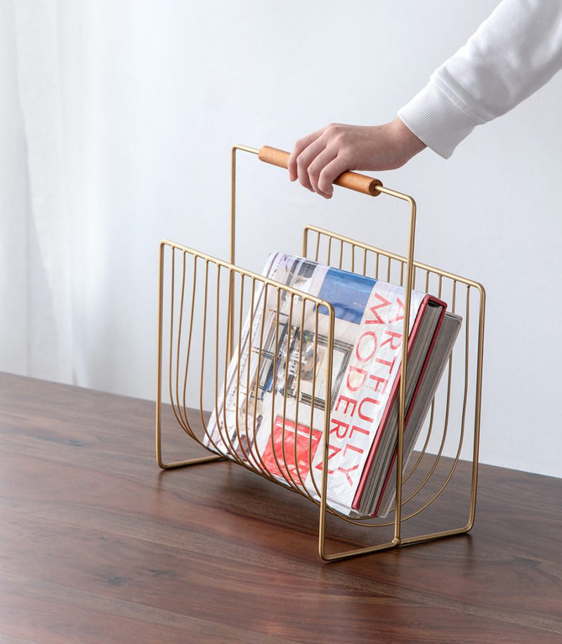 Gold Metal Wire Magazine Rack with Wood Handle