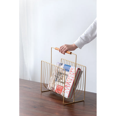 Gold Metal Wire Magazine Rack with Wood Handle