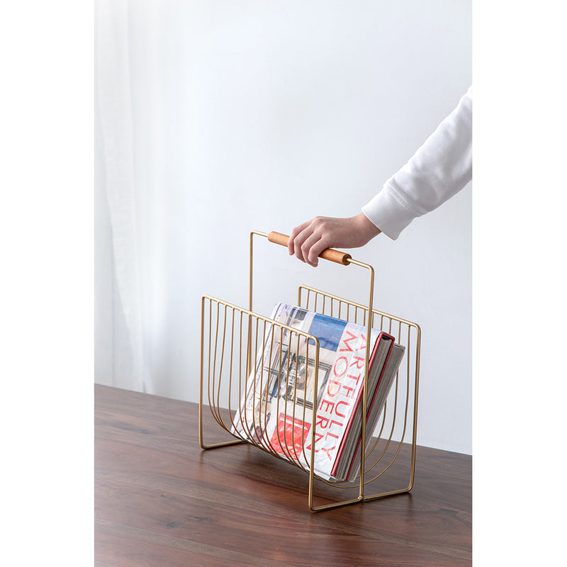 Gold Metal Wire Magazine Rack with Wood Handle