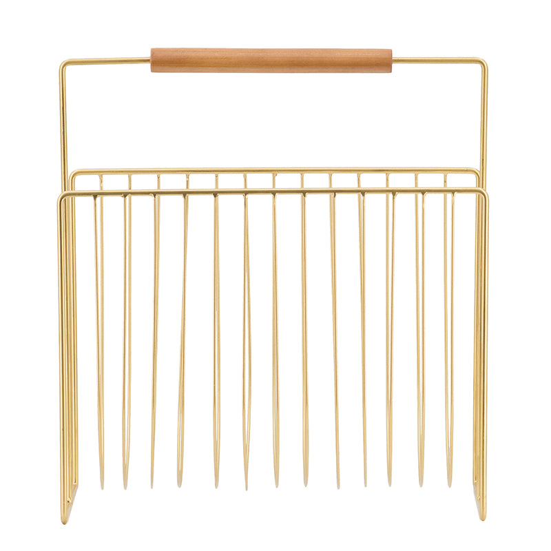 Gold Metal Wire Magazine Rack with Wood Handle