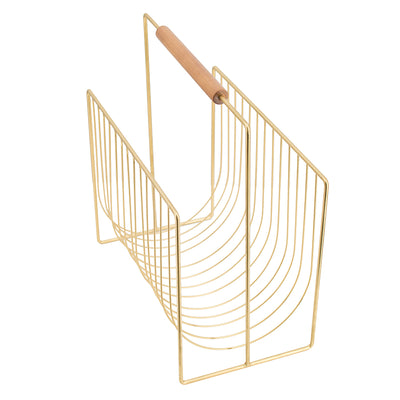 Gold Metal Wire Magazine Rack with Wood Handle