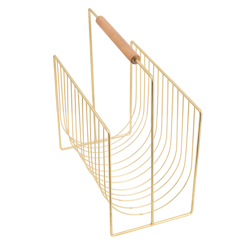 Gold Metal Wire Magazine Rack with Wood Handle