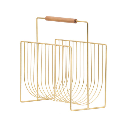 Gold Metal Wire Magazine Rack with Wood Handle