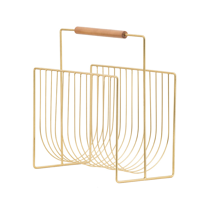 Gold Metal Wire Magazine Rack with Wood Handle