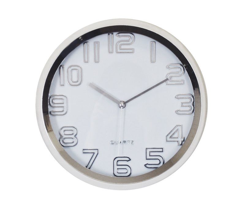 Silver Round Wall Clock Classic Decor For Home Or Office Battery Operated