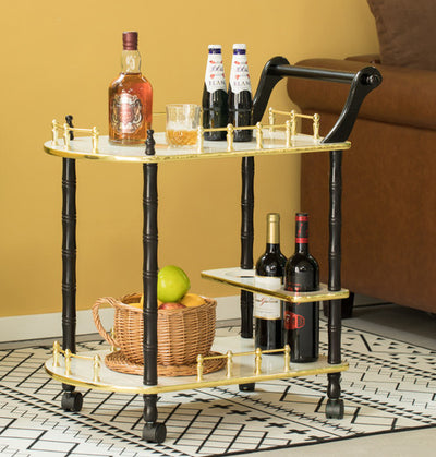 Wood Serving Bar Cart Tea Trolley with 2 Tier Shelves and Rolling Wheels