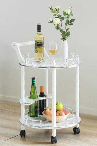 Round Wood Serving Bar Cart Tea Trolley with 2 Tier Shelves and Rolling Wheels