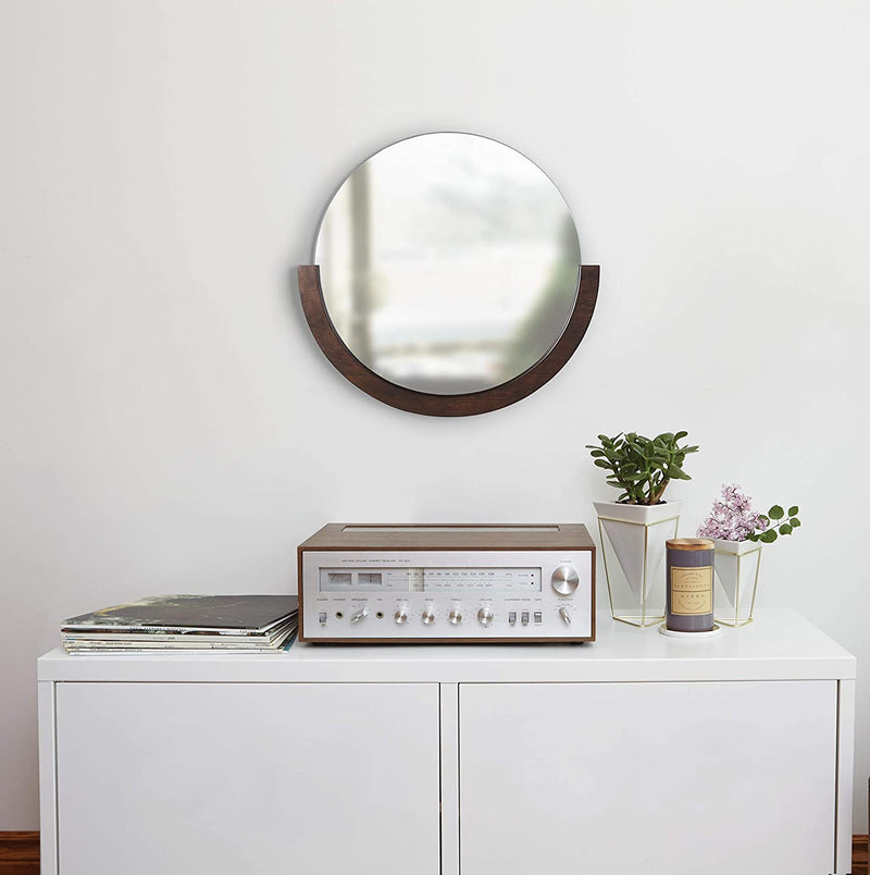 Umbra Mira Decorative Wall Entryway, Circular Mirror with Wood Frame on The Bottom Half,  Aged Walnut