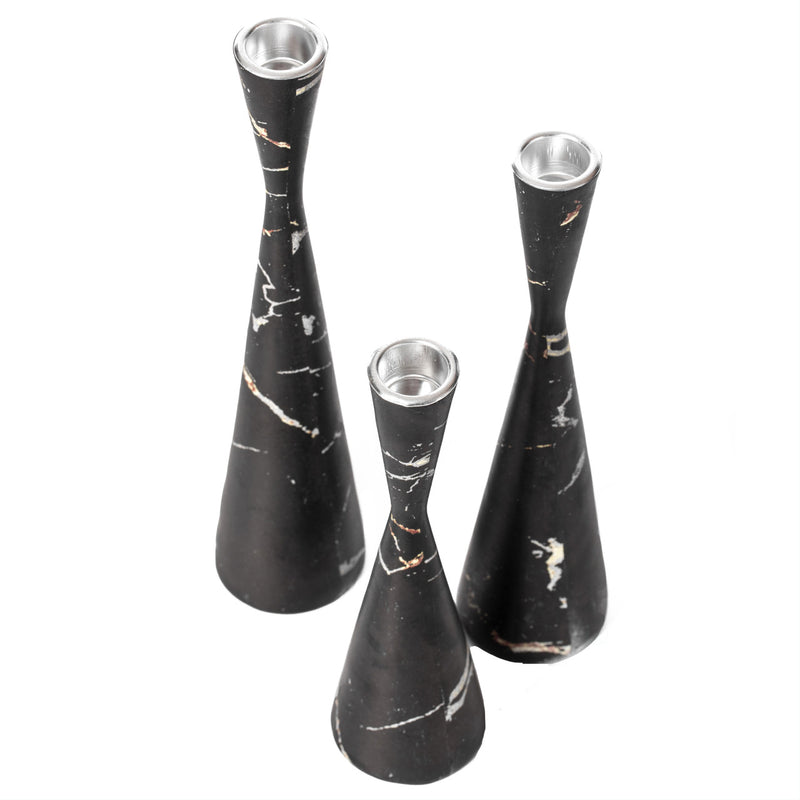 Set of 3 Decorative Resin Taper Candle Holders, Marble Design Modern Candlesticks