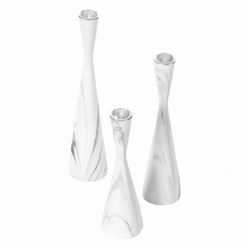 Set of 3 Decorative Resin Taper Candle Holders, Marble Design Modern Candlesticks