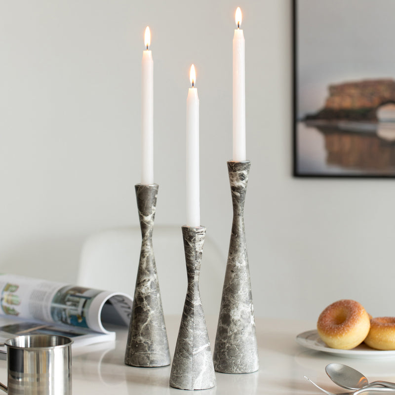 Set of 3 Decorative Resin Taper Candle Holders, Marble Design Modern Candlesticks