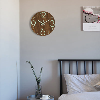 Glow-In-The Dark Modern Home Decor Wooden Wall Clock For Living Room, Kitchen, Bedroom, Or Dining Room Wooden Brown