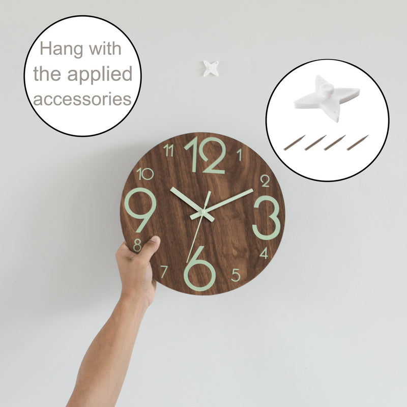 Glow-In-The Dark Modern Home Decor Wooden Wall Clock For Living Room, Kitchen, Bedroom, Or Dining Room Wooden Brown