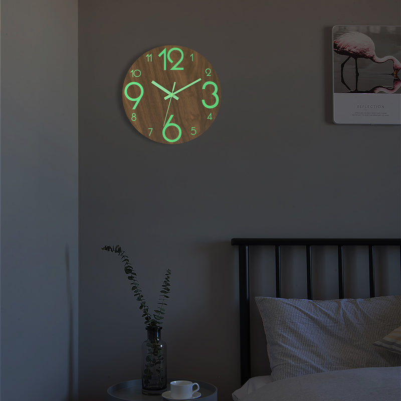 Glow-In-The Dark Modern Home Decor Wooden Wall Clock For Living Room, Kitchen, Bedroom, Or Dining Room Wooden Brown