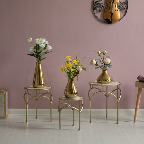 Decorative Gold Metal Round Plant Stand, Modern White Marble Look Top Display End Side Table