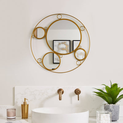 Decorative Round Frame Gold Metal Wall Mounted Modern Mirror with 4 Glass Mirror Balls