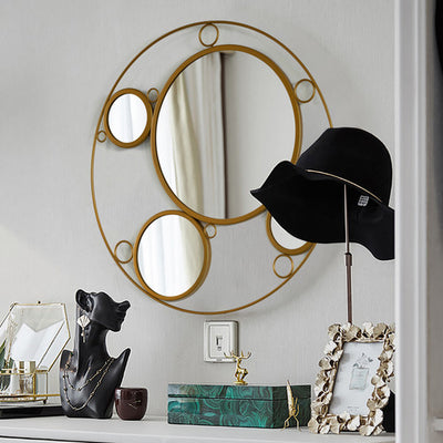 Decorative Round Frame Gold Metal Wall Mounted Modern Mirror with 4 Glass Mirror Balls