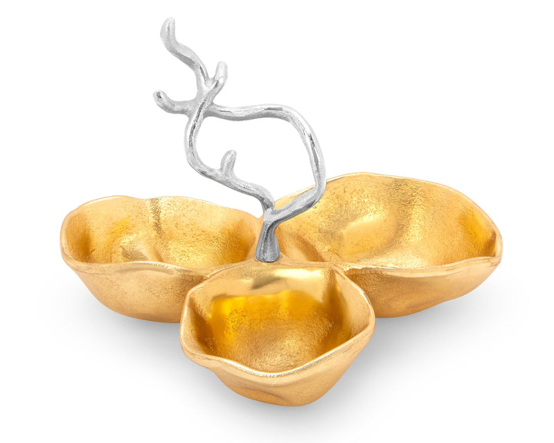 Gold 3 Bowl Relish Dish with Silver Branch Handle Design