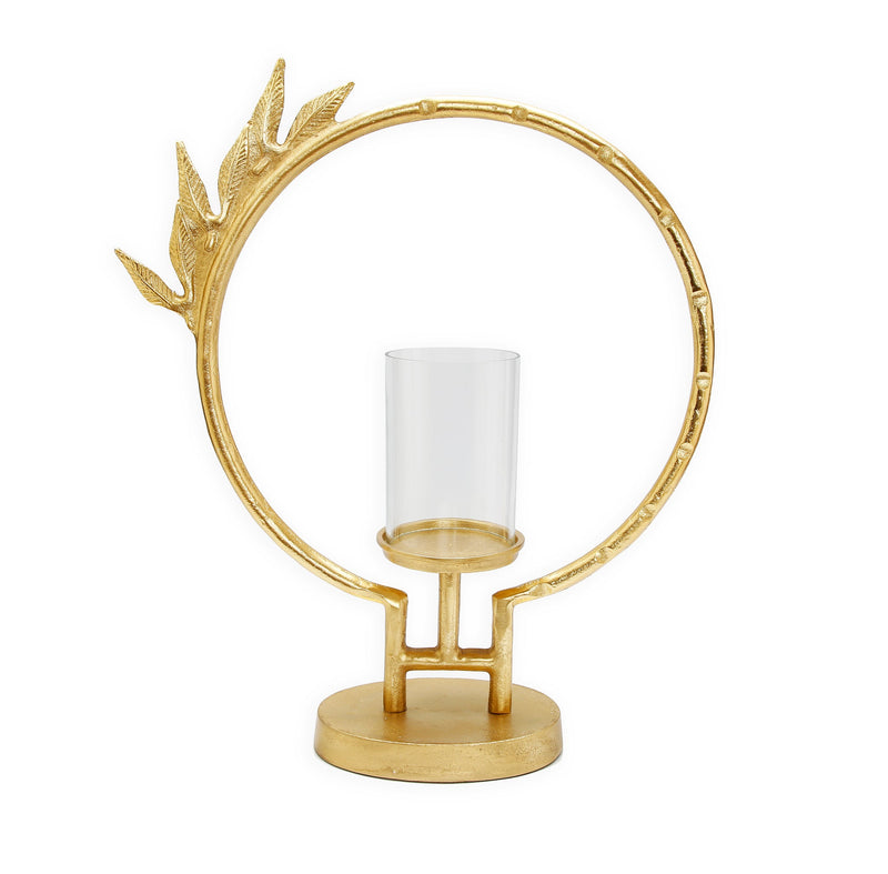 Gold Geometric Circle Hurricane Candle Holder Leaf Design