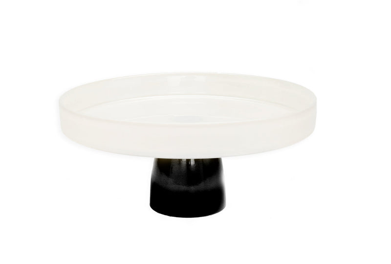 White Glass Cake Plate on Black/Gold Stem