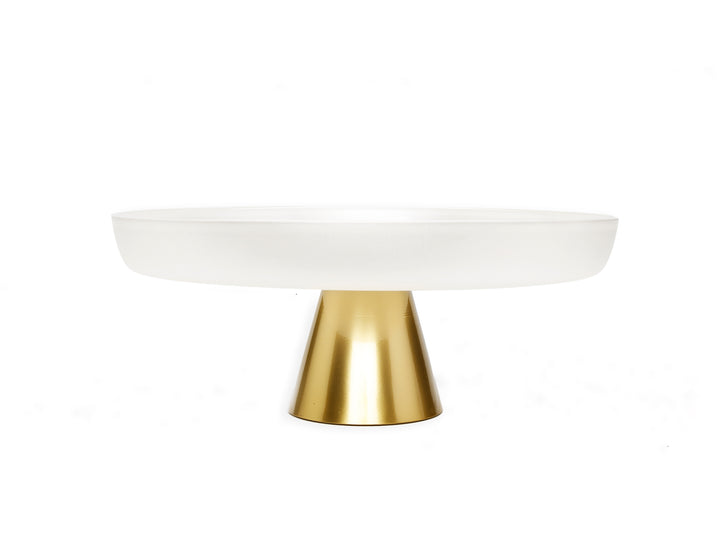 White Glass Cake Plate on Black/Gold Stem