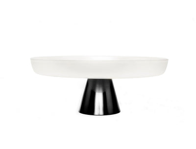 White Glass Cake Plate on Black/Gold Stem