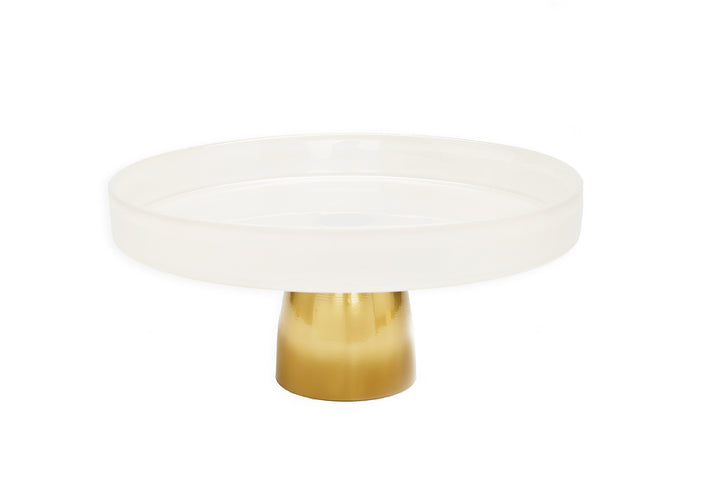 White Glass Cake Plate on Black/Gold Stem