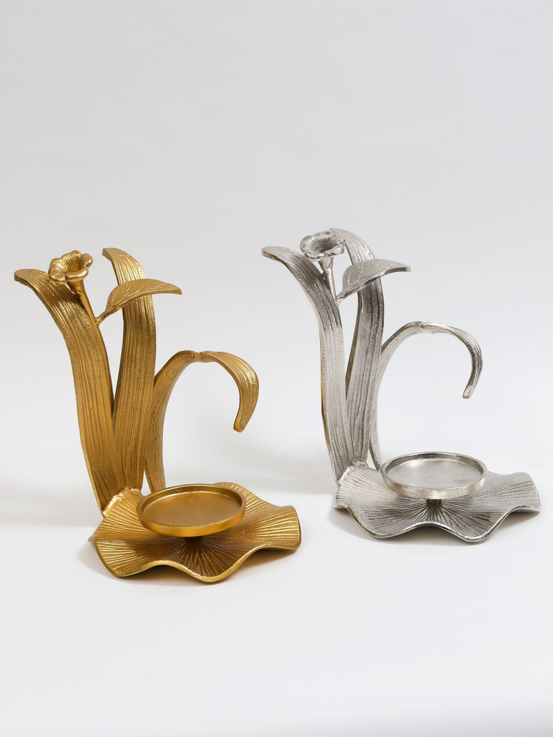 Hurricane Candle Holder with Gold/Silver Enamel Flower Design