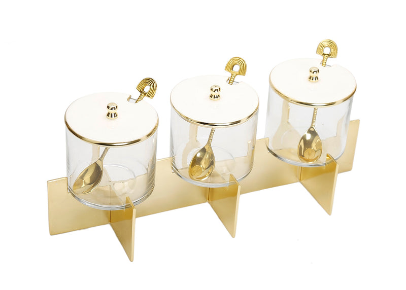 Three Glass Canister Set White Lids Gold Block Base