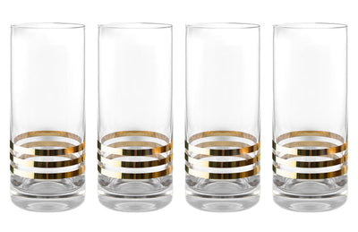 EUROPEAN CRYSTAL GLASS HIGHBALL TUMBLERS - BEAUTIFULLY DESIGNED -THREE GOLD STRIPES- FOR WATER , JUICE , WINE , BEER AND COCKTAILS - 14 OZ. - SET OF 4