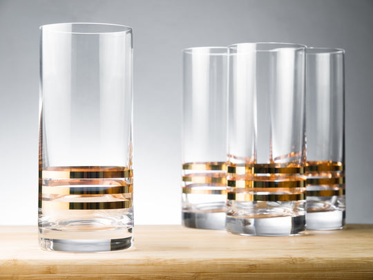 EUROPEAN CRYSTAL GLASS HIGHBALL TUMBLERS - BEAUTIFULLY DESIGNED -THREE GOLD STRIPES- FOR WATER , JUICE , WINE , BEER AND COCKTAILS - 14 OZ. - SET OF 4