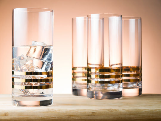 EUROPEAN CRYSTAL GLASS HIGHBALL TUMBLERS - BEAUTIFULLY DESIGNED -THREE GOLD STRIPES- FOR WATER , JUICE , WINE , BEER AND COCKTAILS - 14 OZ. - SET OF 4