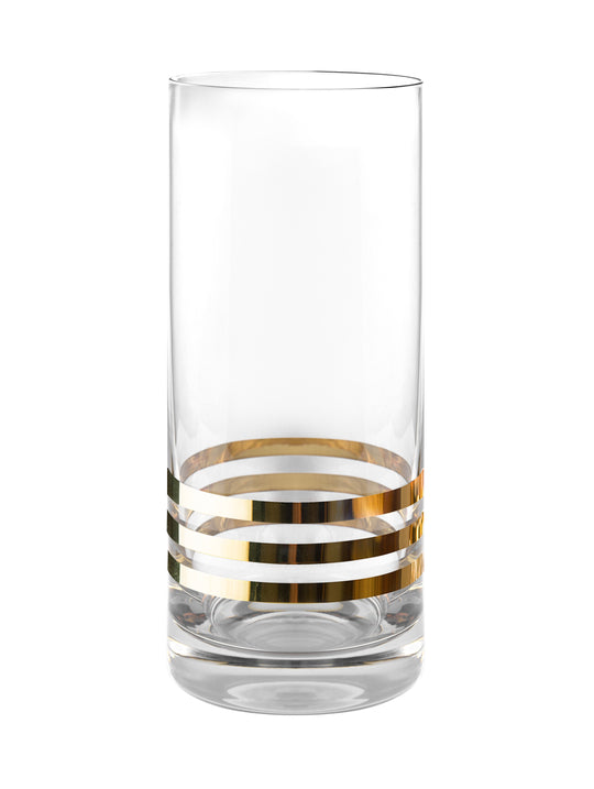 EUROPEAN CRYSTAL GLASS HIGHBALL TUMBLERS - BEAUTIFULLY DESIGNED -THREE GOLD STRIPES- FOR WATER , JUICE , WINE , BEER AND COCKTAILS - 14 OZ. - SET OF 4