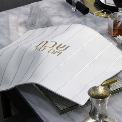 Gold/Silver and White Embroidered Leather Striped Challah Cover