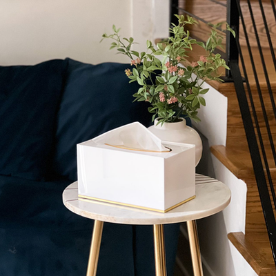 white lucite tissue box with gold rim