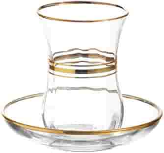 Lav - Cays Glass Set of 6 Tea Cup and Glass Saucer W/ Gold Rim , 4 Oz,