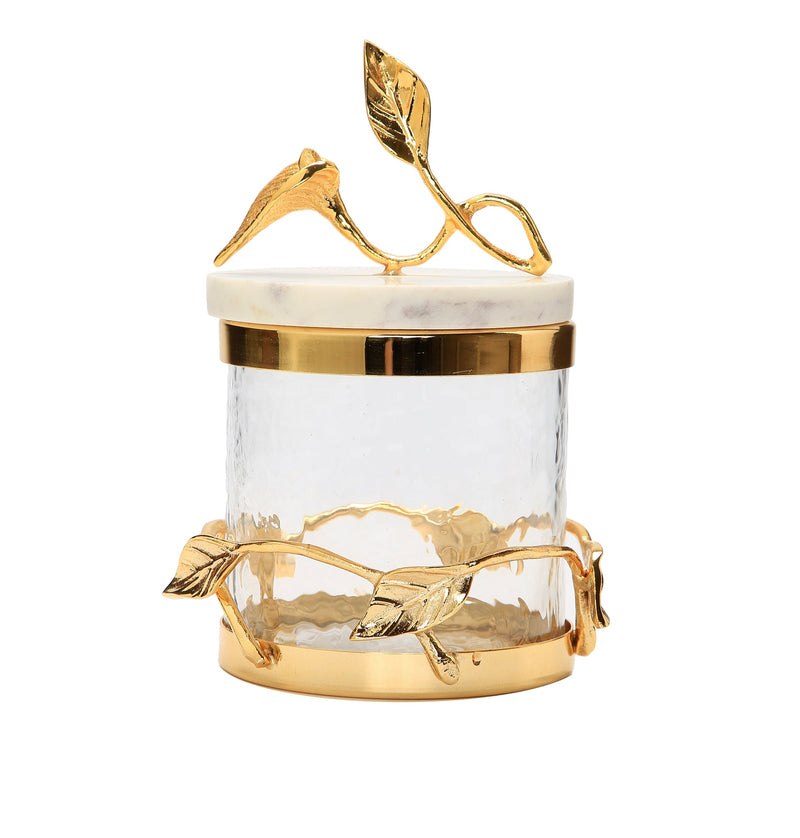 Set of 3 Glass Canister Gold Leaf Design and Marble Lid