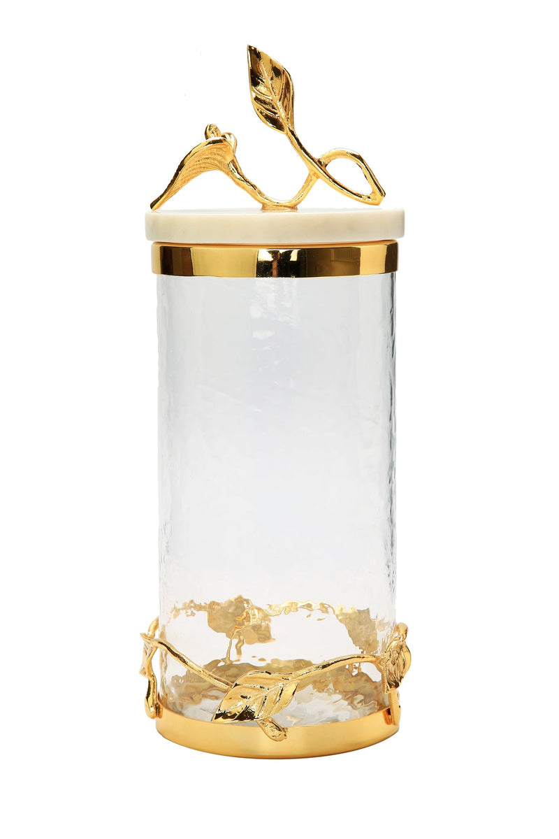 Set of 3 Glass Canister Gold Leaf Design and Marble Lid