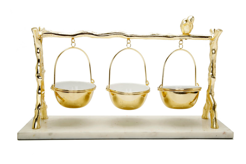 3 Hanging Bowls on Gold Branch and Marble Base