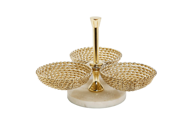 Triple Bowl Relish Dish Gold Rope Design and Marble Base