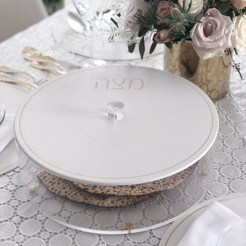 Lucite Round Matzah Box with Leatherette Cover