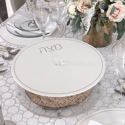 Lucite Round Matzah Box with Leatherette Cover