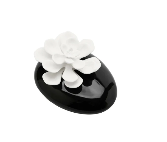 Black Diffuser With White Dimensional Flower, "Iris & Rose"