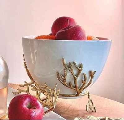 White Bowl on Gold Base with Gold Coral Design Ornament