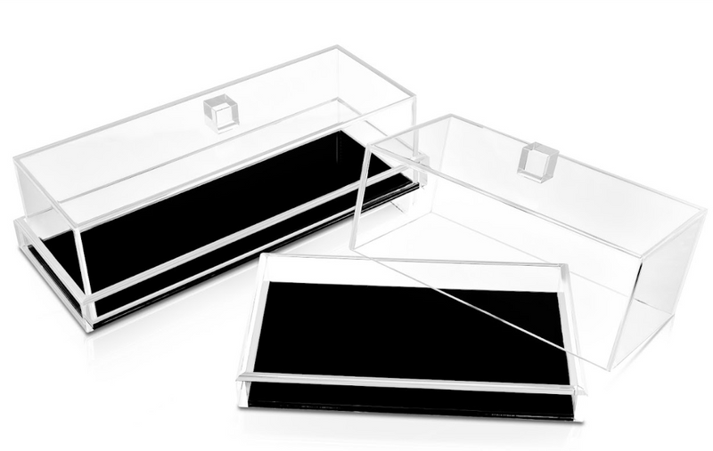 LUX Lucite Rectangle Cake Display with Glossy Black Base and Clear Top