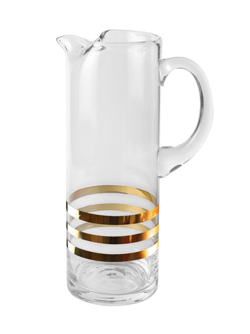 EUROPEAN GLASS PITCHER WITH HANDLE STRAIGHT SIDED , HANDMADE , WITH SPOUT , THREE GOLD HORIZONTAL STRIPES- ICE LIP , 50 OZ. 11" HEIGHT