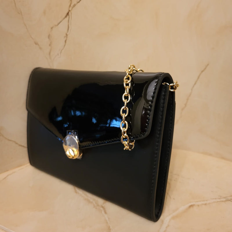 Black Genuine Leather Evening Bag w Patent Flap