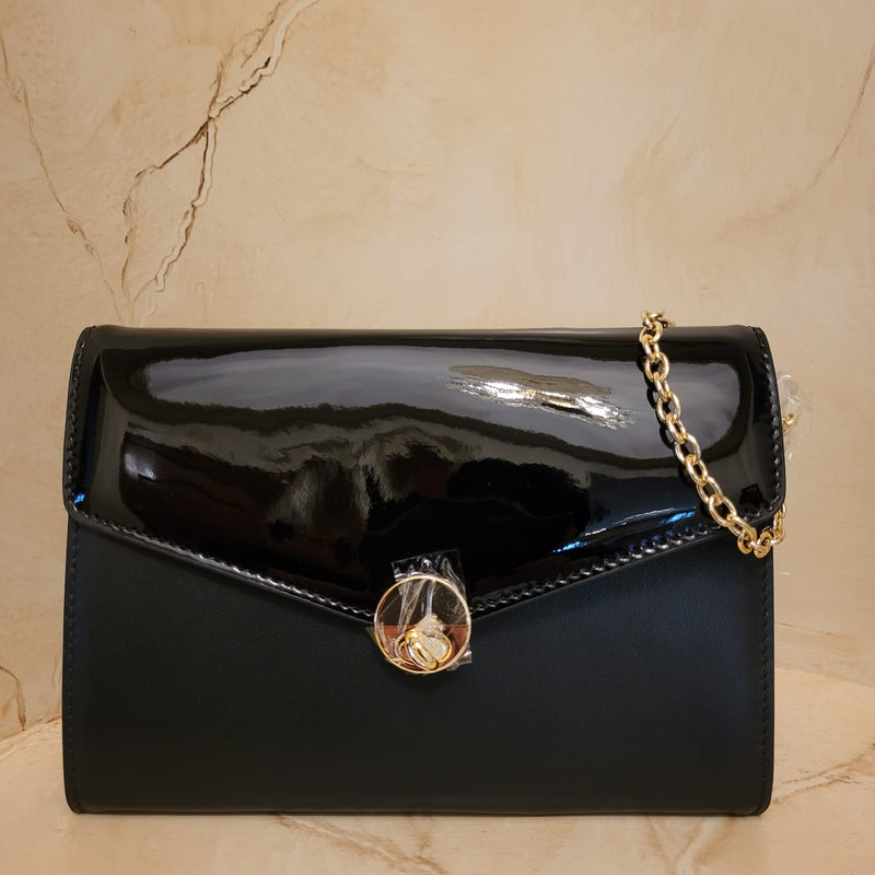 Black Genuine Leather Evening Bag w Patent Flap