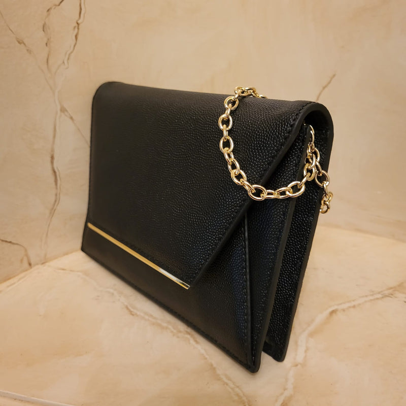 Black Caviar Genuine Leather w Thin Gold Bar Evening Bag